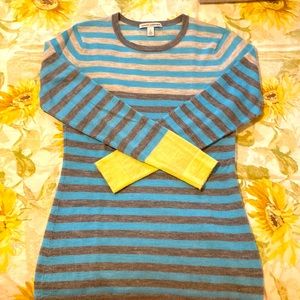 Autumn Cashmere Turquoise and Grey Striped Sweater, Size Small